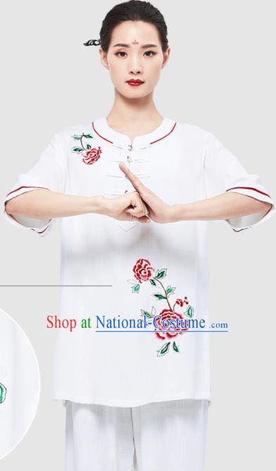 Chinese Kung Fu Painting Rose White Uniforms Wushu Competition Garment Costumes Martial Arts Clothing Tai Chi Clothing