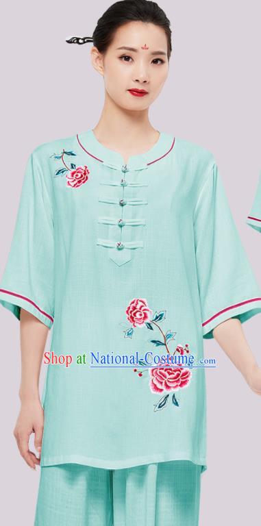 Chinese Tai Chi Clothing Kung Fu Painting Rose Green Uniforms Wushu Competition Garment Costumes Martial Arts Clothing