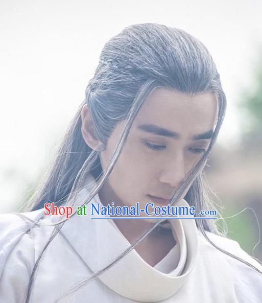 Handmade Chinese Ming Dynasty Taoist Wigs Ancient Swordsman Headwear Drama Vagabondize Fu Hongxue Grey Chignon Headdress