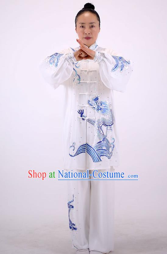 China Tai Chi Performance White Uniforms Wushu Group Competition Clothing Martial Arts Embroidered Sequins Dragon Outfits Kung Fu Tai Ji Costumes