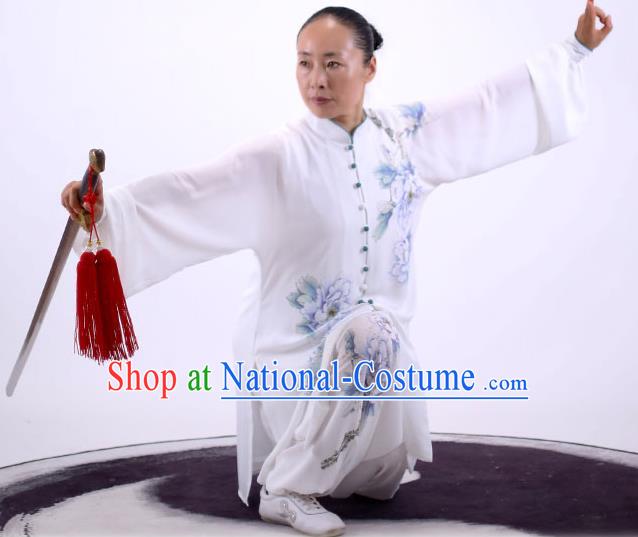 China Tai Chi Performance Uniforms Wushu Group Competition Clothing Martial Arts Painting Peony White Outfits Kung Fu Costumes