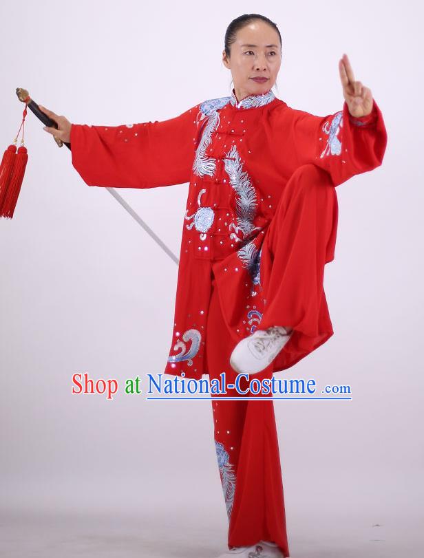 China Kung Fu Performance Costumes Tai Chi Uniforms Wushu Group Competition Clothing Martial Arts Embroidered Red Outfits