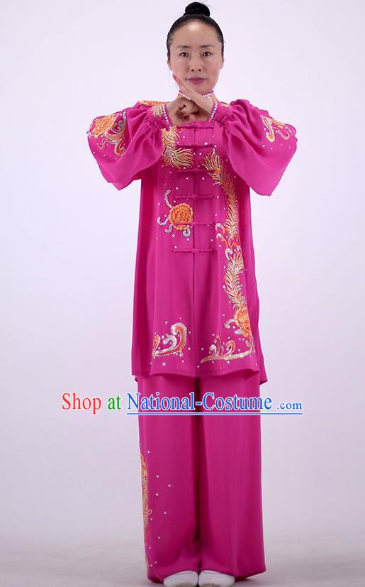 China Martial Arts Embroidered Rosy Outfits Kung Fu Performance Costumes Tai Chi Uniforms Wushu Group Competition Clothing