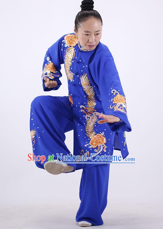 China Tai Chi Uniforms Wushu Group Competition Clothing Martial Arts Embroidered Royalblue Outfits Kung Fu Performance Costumes