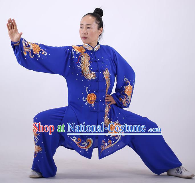 China Tai Chi Uniforms Wushu Group Competition Clothing Martial Arts Embroidered Royalblue Outfits Kung Fu Performance Costumes