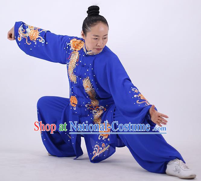 China Tai Chi Uniforms Wushu Group Competition Clothing Martial Arts Embroidered Royalblue Outfits Kung Fu Performance Costumes