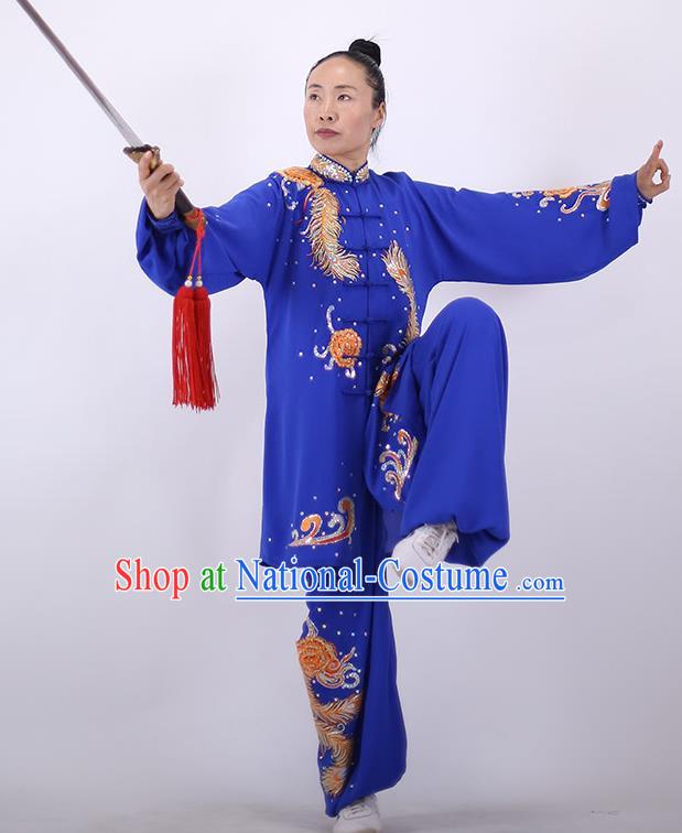 China Tai Chi Uniforms Wushu Group Competition Clothing Martial Arts Embroidered Royalblue Outfits Kung Fu Performance Costumes