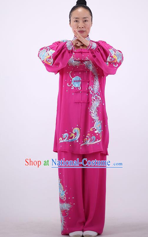 China Kung Fu Performance Costumes Tai Chi Uniforms Wushu Group Competition Clothing Martial Arts Embroidered Rosy Outfits