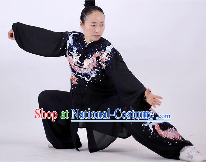 China Martial Arts Embroidered Dragon Outfits Kung Fu Costumes Tai Chi Performance Black Uniforms Wushu Group Competition Clothing