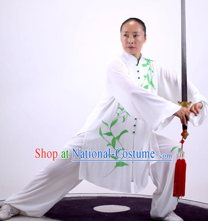 China Wushu Clothing Martial Arts Group Competition Outfits Kung Fu Costumes Tai Chi Performance Printing White Uniforms