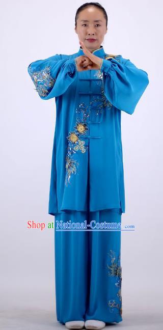 China Tai Chi Performance Blue Uniforms Wushu Competition Clothing Martial Arts Group Outfits Kung Fu Embroidered Costumes