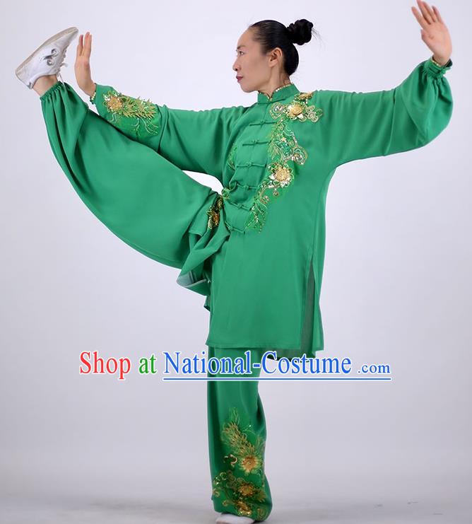 China Kung Fu Embroidered Costumes Tai Chi Performance Green Uniforms Wushu Competition Clothing Martial Arts Group Outfits