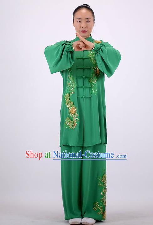 China Kung Fu Embroidered Costumes Tai Chi Performance Green Uniforms Wushu Competition Clothing Martial Arts Group Outfits