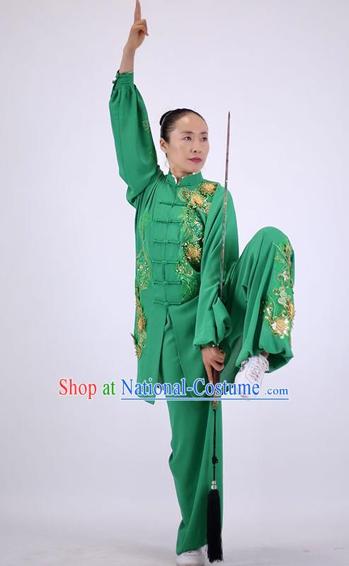 China Kung Fu Embroidered Costumes Tai Chi Performance Green Uniforms Wushu Competition Clothing Martial Arts Group Outfits