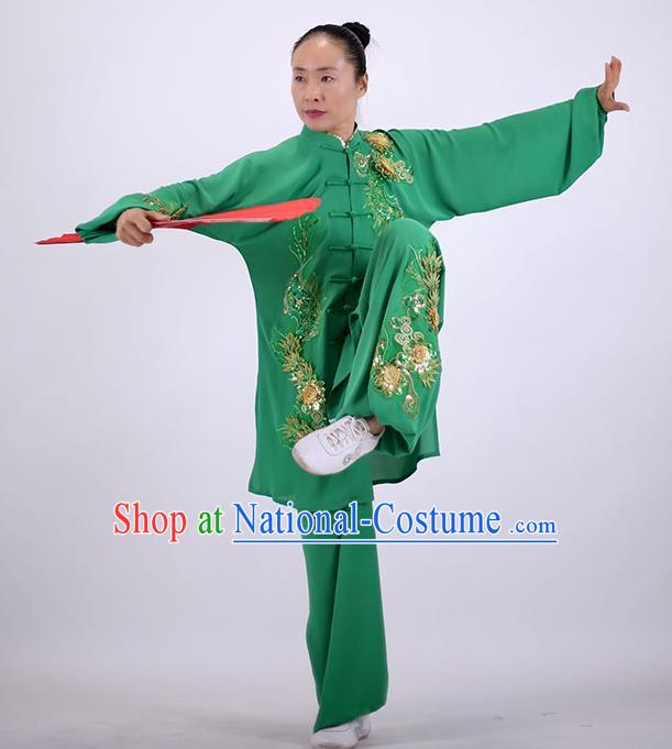 China Kung Fu Embroidered Costumes Tai Chi Performance Green Uniforms Wushu Competition Clothing Martial Arts Group Outfits