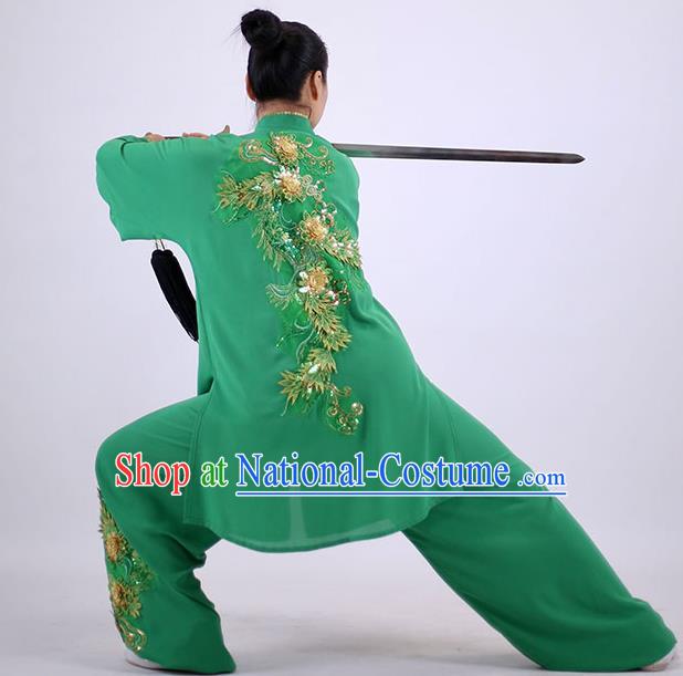 China Kung Fu Embroidered Costumes Tai Chi Performance Green Uniforms Wushu Competition Clothing Martial Arts Group Outfits