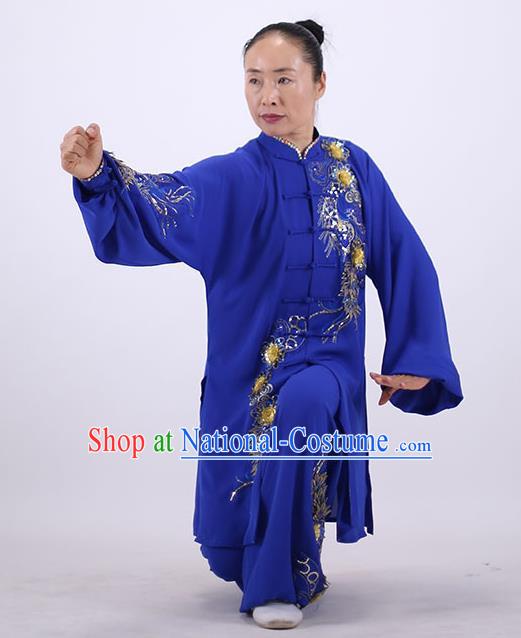 China Tai Chi Royalblue Uniforms Wushu Group Competition Clothing Martial Arts Outfits Kung Fu Embroidered Costumes