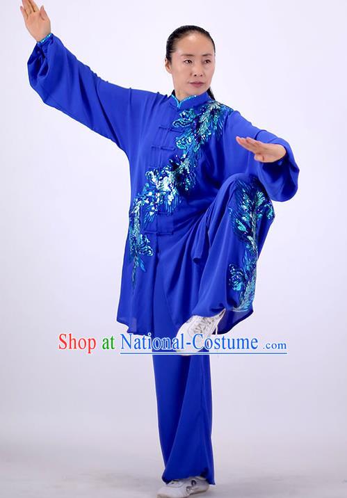 China Wushu Show Outfits Kung Fu Embroidered Phoenix Costumes Tai Chi Chuan Royalblue Uniforms Martial Arts Group Competition Clothing