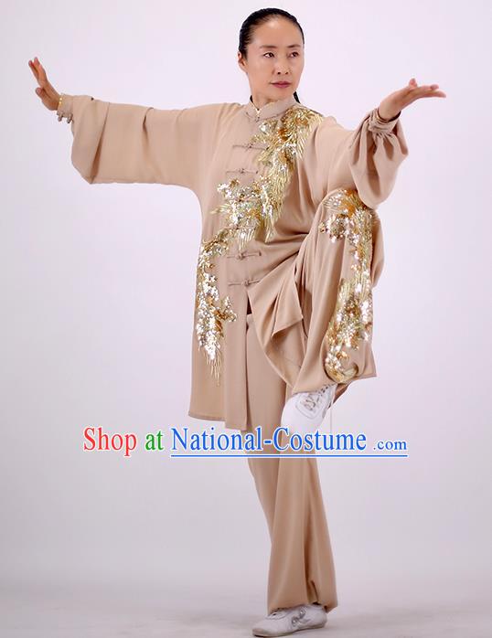 China Martial Arts Group Competition Clothing Wushu Show Outfits Kung Fu Embroidered Phoenix Costumes Tai Chi Chuan Khaki Uniforms