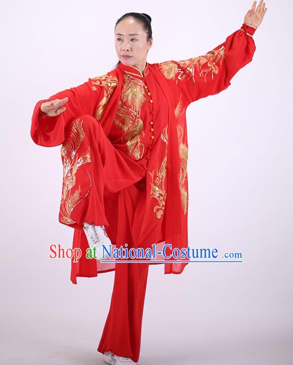 China Kung Fu Red Costumes Tai Chi Group Performance Uniforms Martial Arts Clothing Wushu Competition Outfits