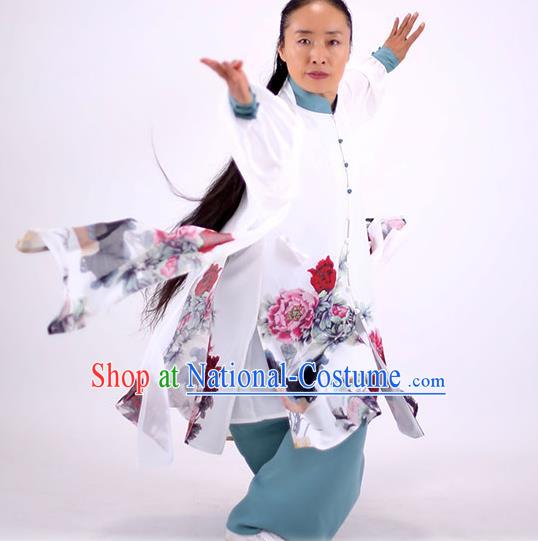 China Kung Fu Painting Peony Costumes Tai Chi Performance White Uniforms Martial Arts Clothing Tai Ji Wushu Competition Outfits