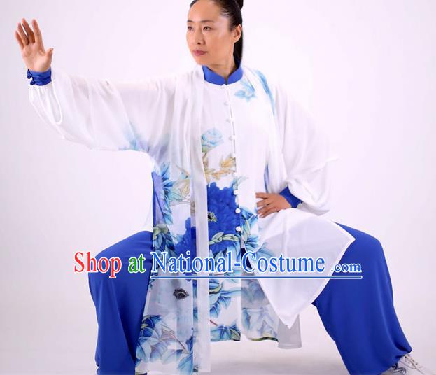 China Wushu Competition Outfits Tai Ji Kung Fu Painting Peony Costumes Tai Chi Performance Blue Uniforms Martial Arts Clothing