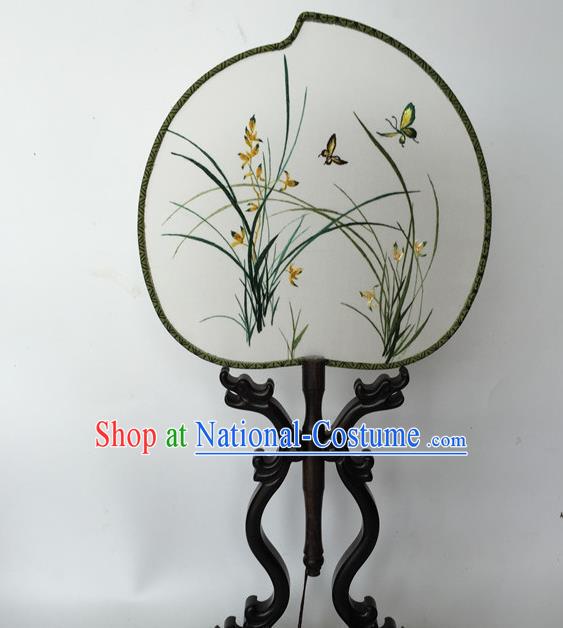 China Suzhou Embroidery Orchids Palace Fan Peach Shape Silk Fan Traditional Hanfu Fan Classical Cheongsam Dance Fans