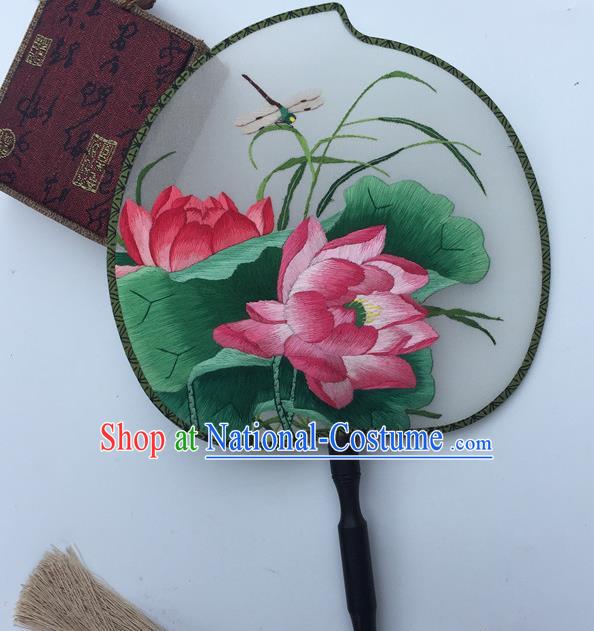 China Classical Dance Silk Fans Suzhou Embroidery Lotus Double Side Fan Handmade Peach Shape Fan Traditional Cheongsam Palace Fan