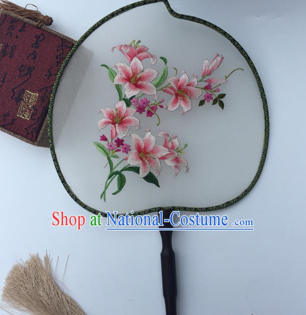 China Handmade Peach Shape Palace Fan Traditional Cheongsam Dance Fan Classical Double Side Silk Fans Suzhou Embroidery Lily Flowers Fan