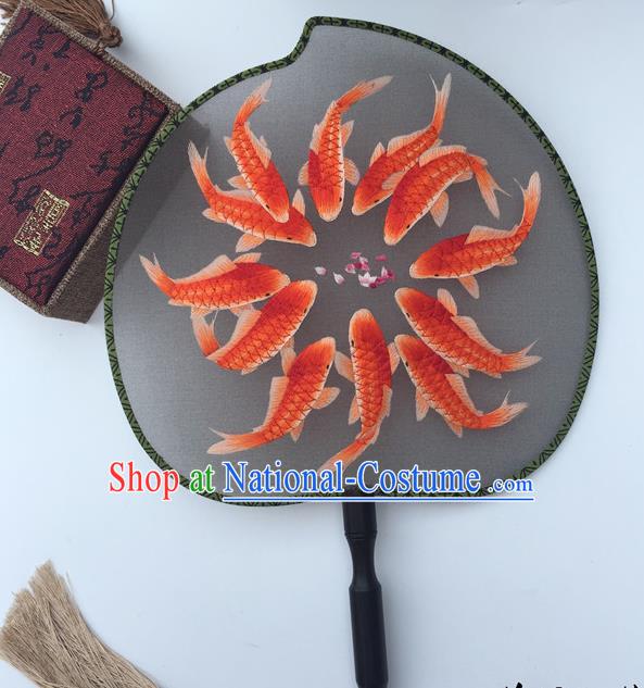 China Classical Double Side Silk Fans Suzhou Embroidery Fishes Fan Handmade Peach Shape Palace Fan Traditional Cheongsam Dance Fan