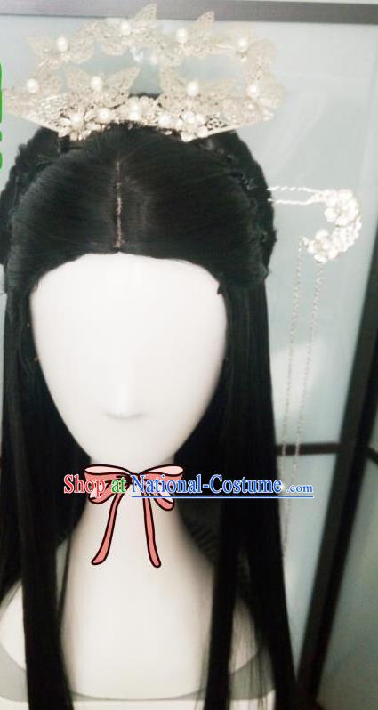 China Ancient Swordswoman Black Wigs Traditional Drama City of Desperate Love Ye Zhen Hanfu Chignon Hairpieces Cosplay Fairy Princess Wig Sheath