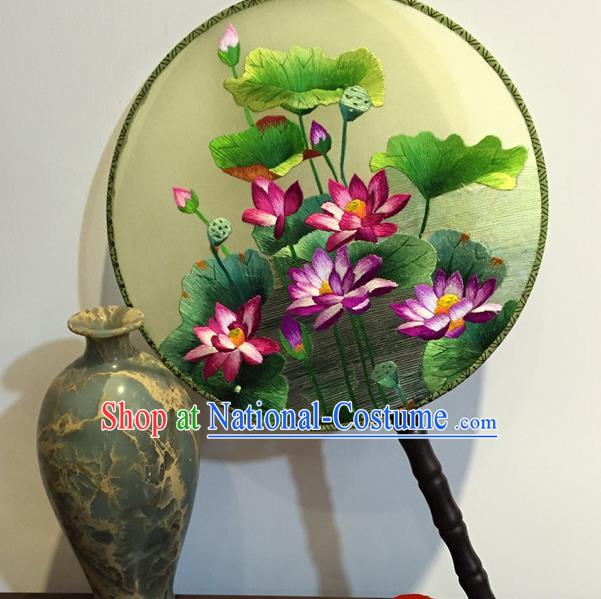 China Handmade Silk Round Fan Traditional Craft Fans Vintage Silk Fan Embroidery Lotus Palace Fan