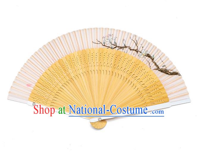 Handmade Chinese Female Silk Accordion Craft Fans Ink Painting Mangnolia Folding Fan Bamboo Fan