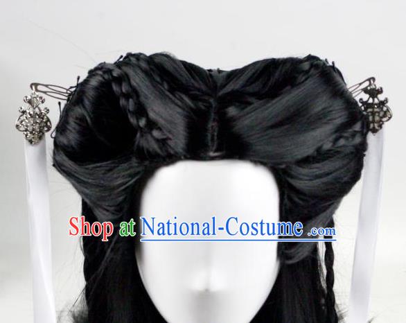 China Ancient Female Swordsman Black Wigs Traditional Drama The Condor Heros Hanfu Chignon Hairpieces Cosplay Fairy Xiao Long Nv Wig Sheath