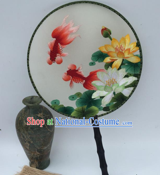 China Handmade Craft Fans Vintage Silk Fan Embroidery Lotus Goldfish Palace Fan Traditional Cheongsam Round Fan