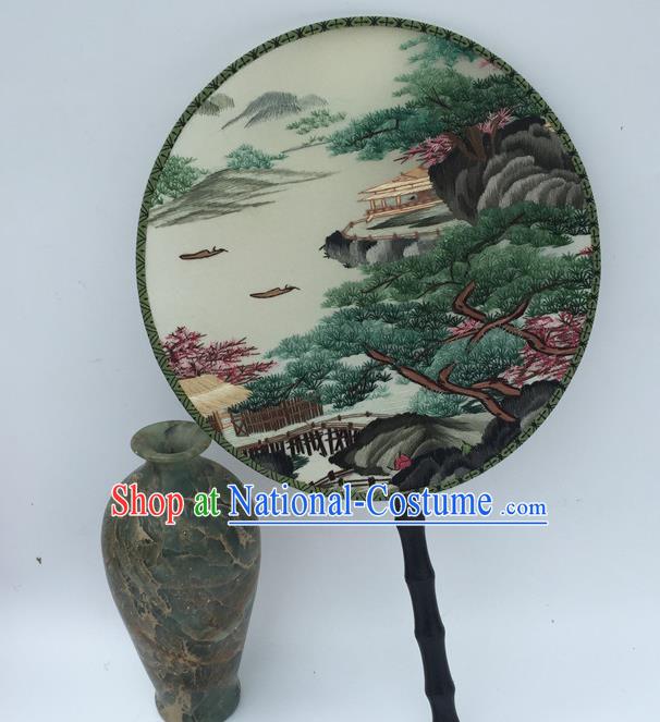 China Traditional Cheongsam Round Fan Handmade Craft Fans Vintage Silk Fan Embroidery Landscape Palace Fan