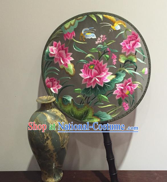 China Handmade Craft Silk Fans Vintage Circular Fan Embroidery Lotus Palace Fan Traditional Cheongsam Dance Fan