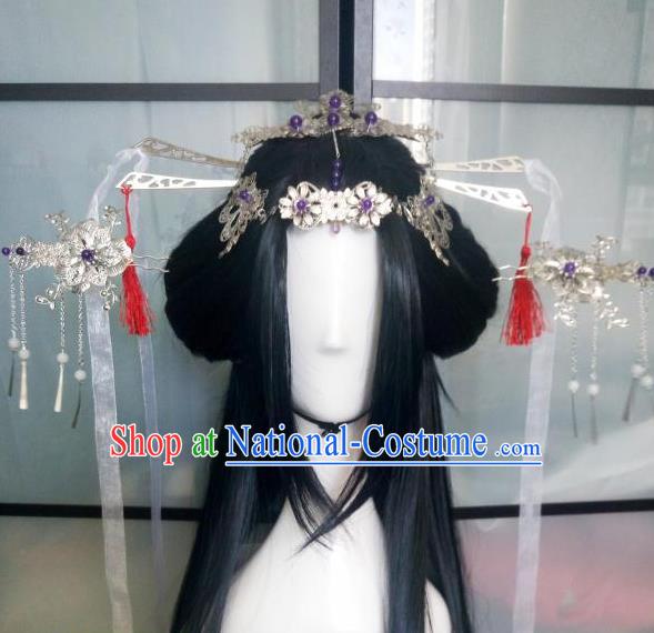 China Ancient Goddess Black Wigs Traditional Drama The Journey of Flower Hanfu Chignon Hairpieces Cosplay Swordswoman Hua Qiangu Wig Sheath