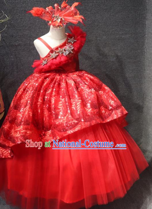 Top Girls Compere Formal Evening Wear Costume Girl Catwalks Red Veil Long Dress Children Stage Show Clothing