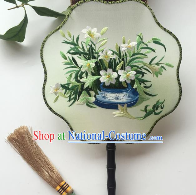 China Traditional Cheongsam Dance Fan Handmade Craft Silk Fans Vintage Hanfu Fan Double Sided Embroidery Orchids Palace Fan