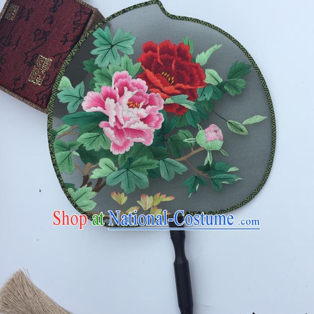 China Traditional Palace Fan Classical Cheongsam Dance Fans Suzhou Embroidery Peony Silk Fan Handmade Peach Shape Fan