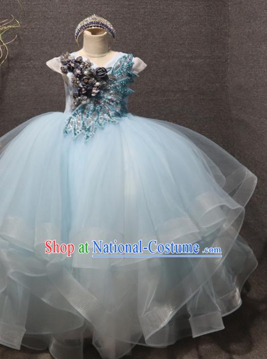 Top Girls Compere Formal Evening Wear Girl Catwalks Blue Veil Long Dress Children Stage Show Embroidered Sequins Clothing