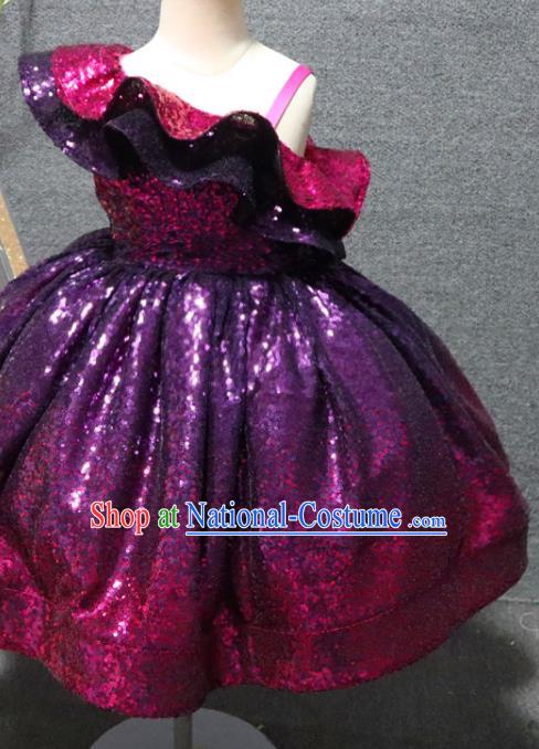 Top Girl Catwalks Purple Sequins Dress Christmas Party Formal Evening Wear Children Day Performance Clothing Chorus Garment