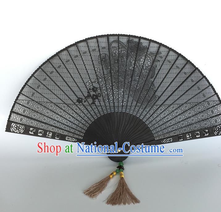 Handmade Chinese Black Rosewood Fan Ebony Folding Fan Carving Craft Accordion