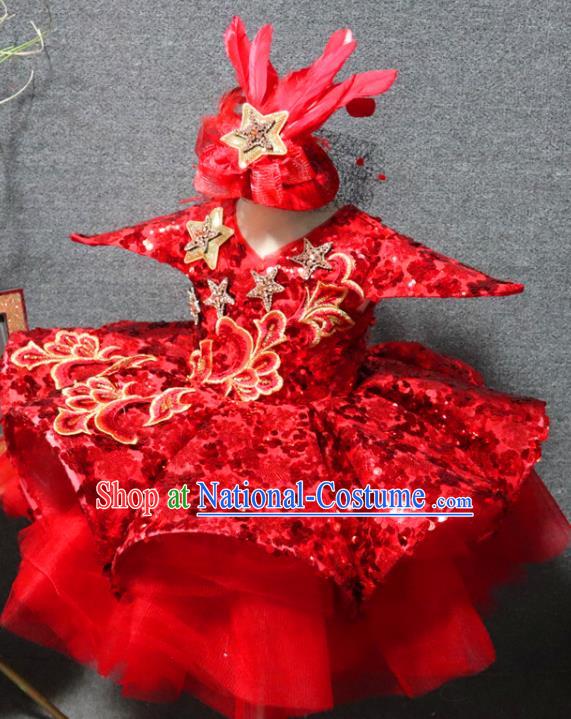 Top Children Day Performance Clothing Girl Chorus Garment Catwalks Red Sequins Dress Christmas Party Formal Evening Wear