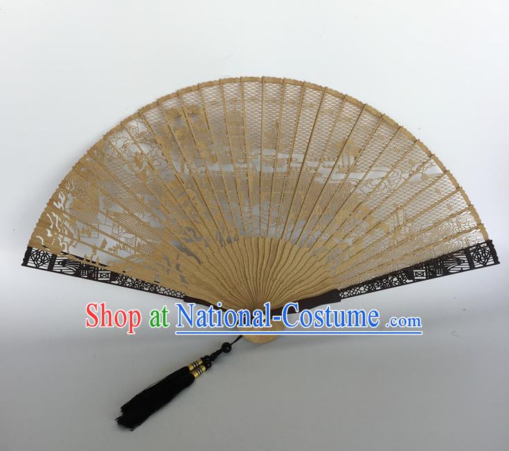 Handmade Chinese Folding Fan Carving Suzhou Gardens Craft Accordion Sandalwood Fan