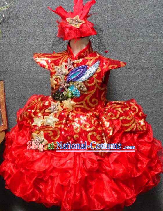 Top Christmas Formal Evening Wear Children Day Performance Clothing Girl Chorus Garment Catwalks Red Sequins Flower Dress