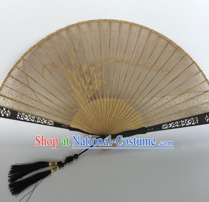 Handmade Chinese Craft Fans Sandalwood Folding Fan Ancient Swordsman Fan Carving Orchids Accordion