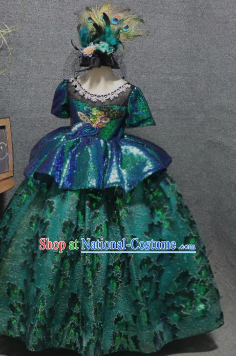 Top Catwalks Green Sequins Full Dress Christmas Formal Evening Wear Children Day Performance Clothing Girl Chorus Garment