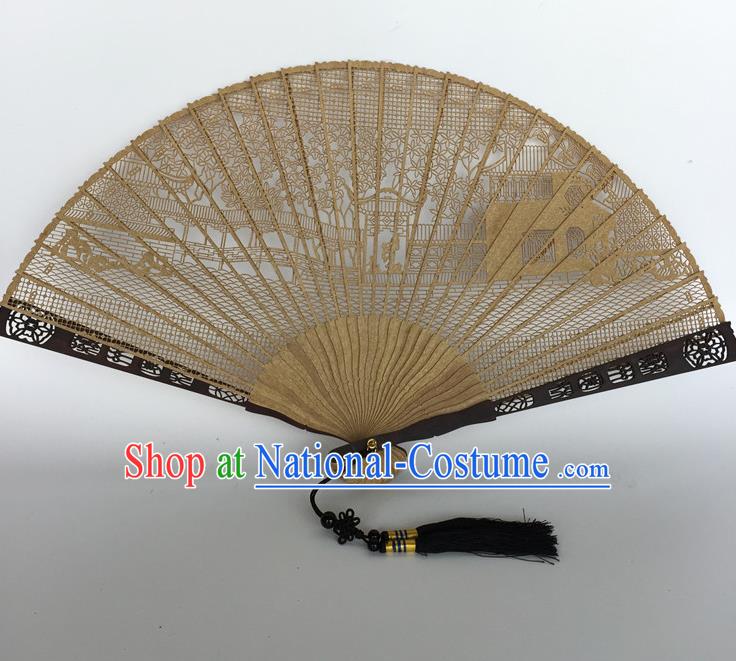 Handmade Chinese Sandalwood Hollow Out Folding Fan Ancient Swordsman Fan Carving Suzhou Garden Accordion Craft Fans